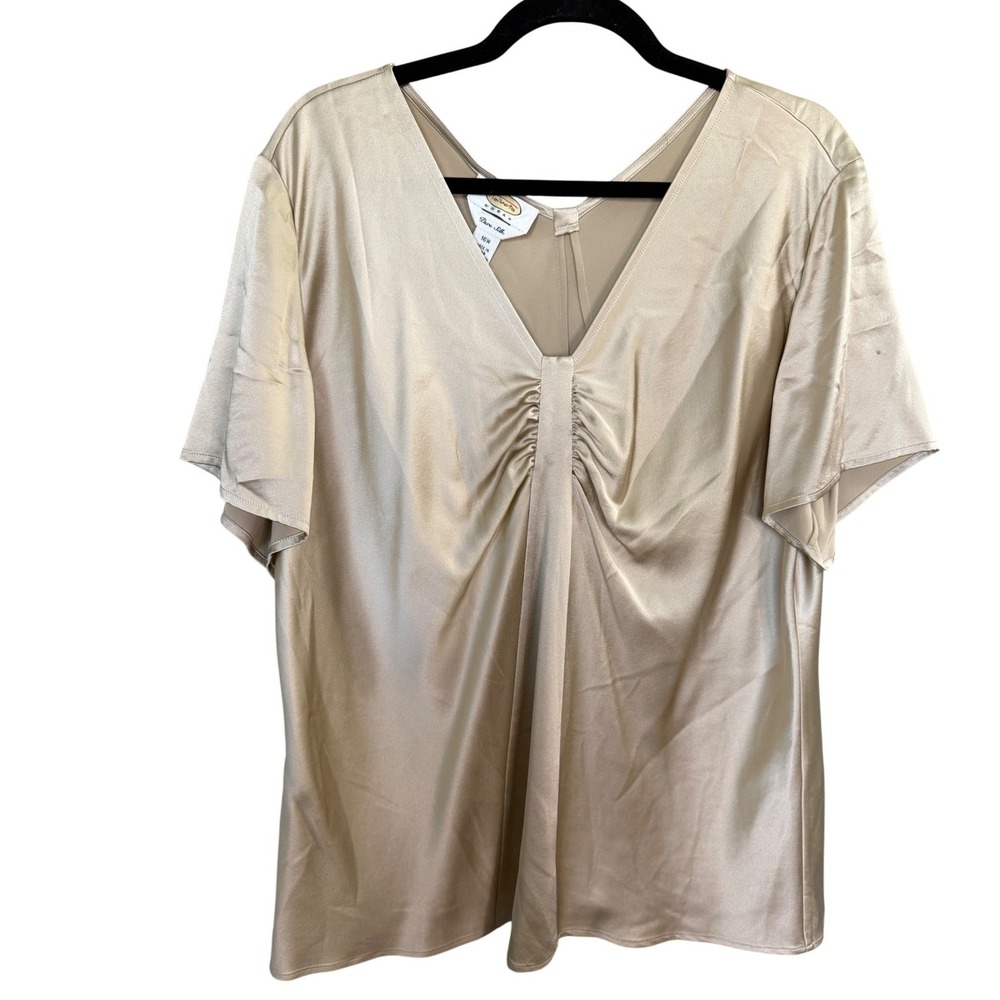 Vintage Talbots Pure Silk Ruched Blouse Top 16W Champagne Gold Luxury Party Glam